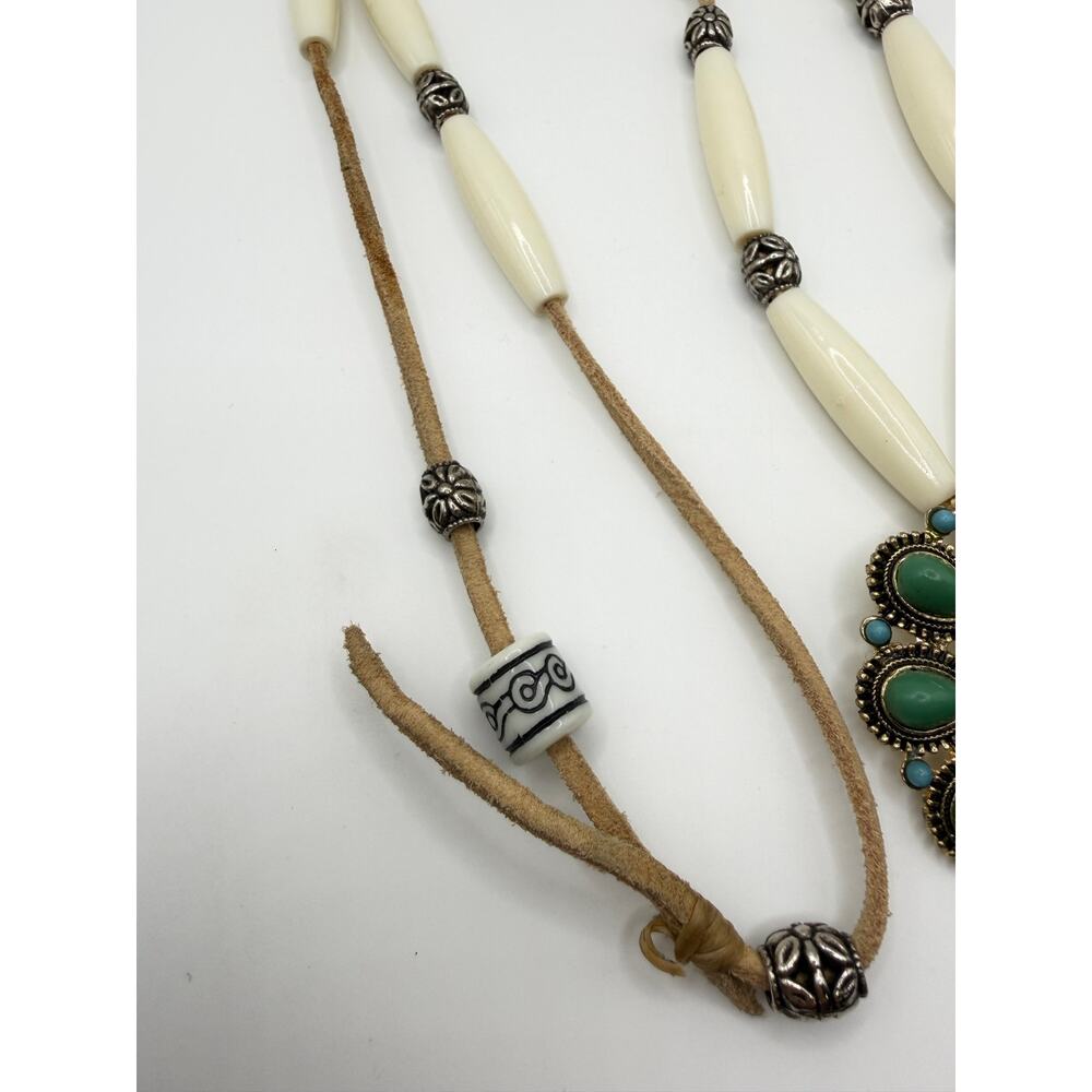 Western Turquoise Statement Pendant Necklace Adjustable Ivory Beads - Picture 4 of 7